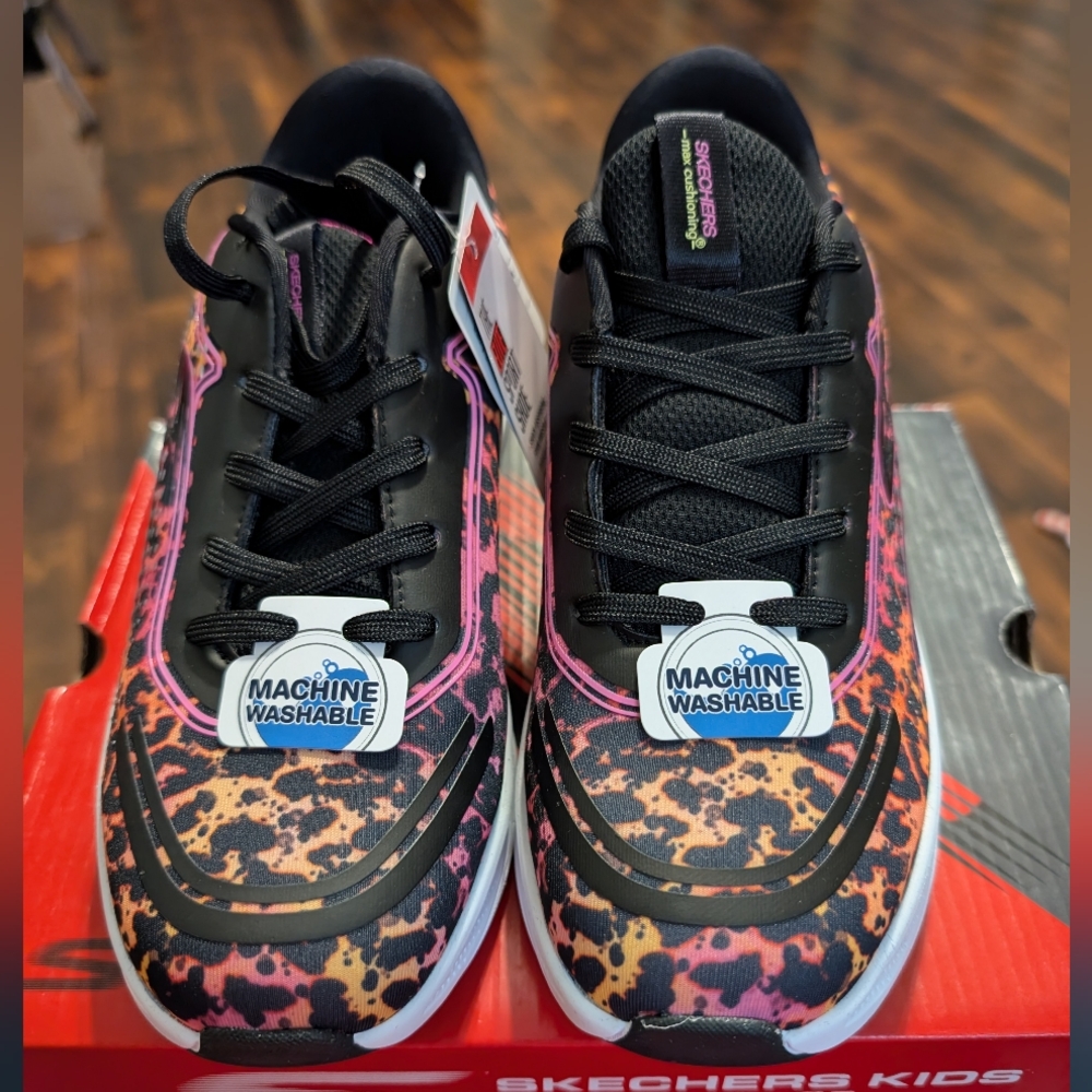 Skechers Kids Black and Pink Leopard Sneakers